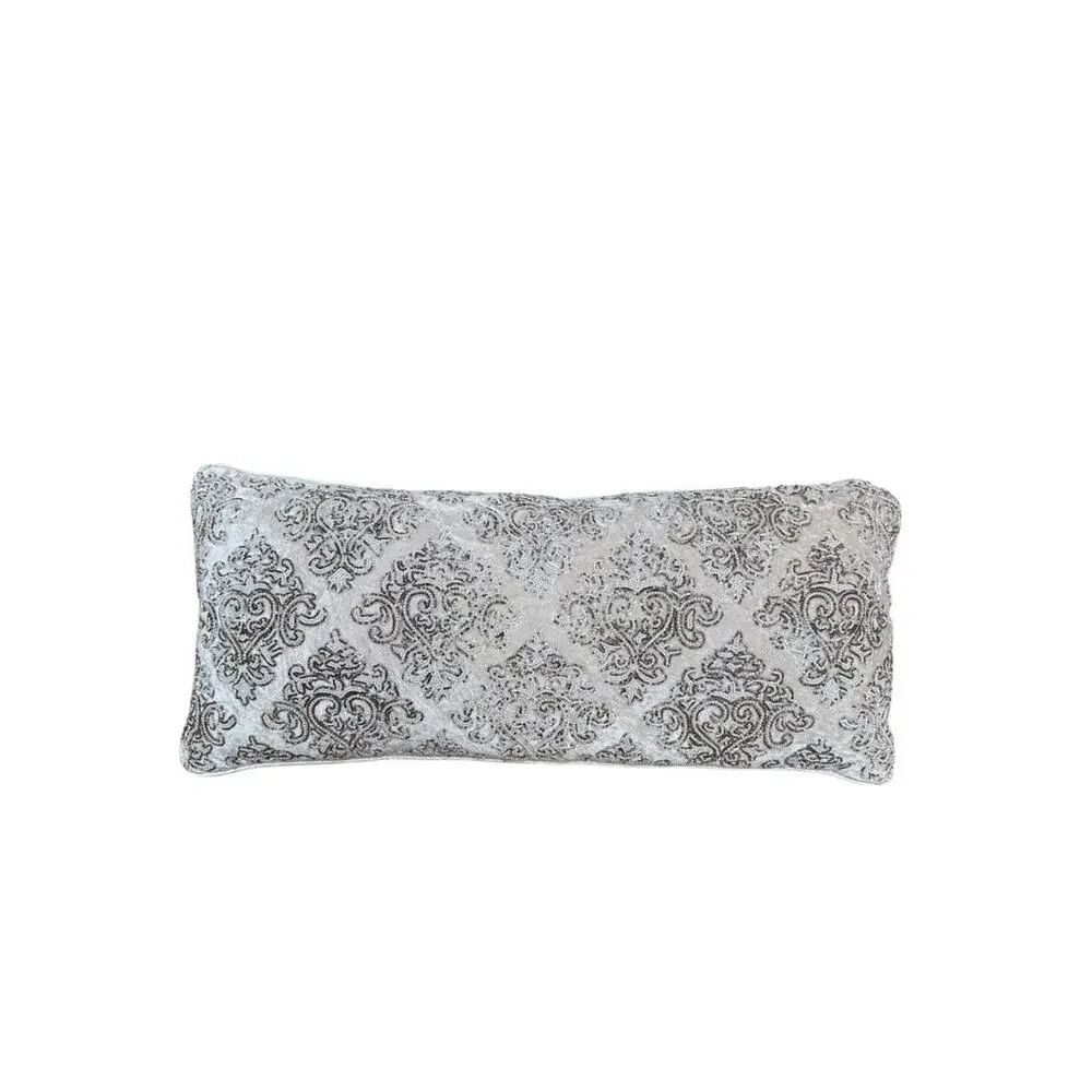 Cream Silver Velvet Sparkly Beaded Oversized Lumbar Rectangular Throw Pillow
